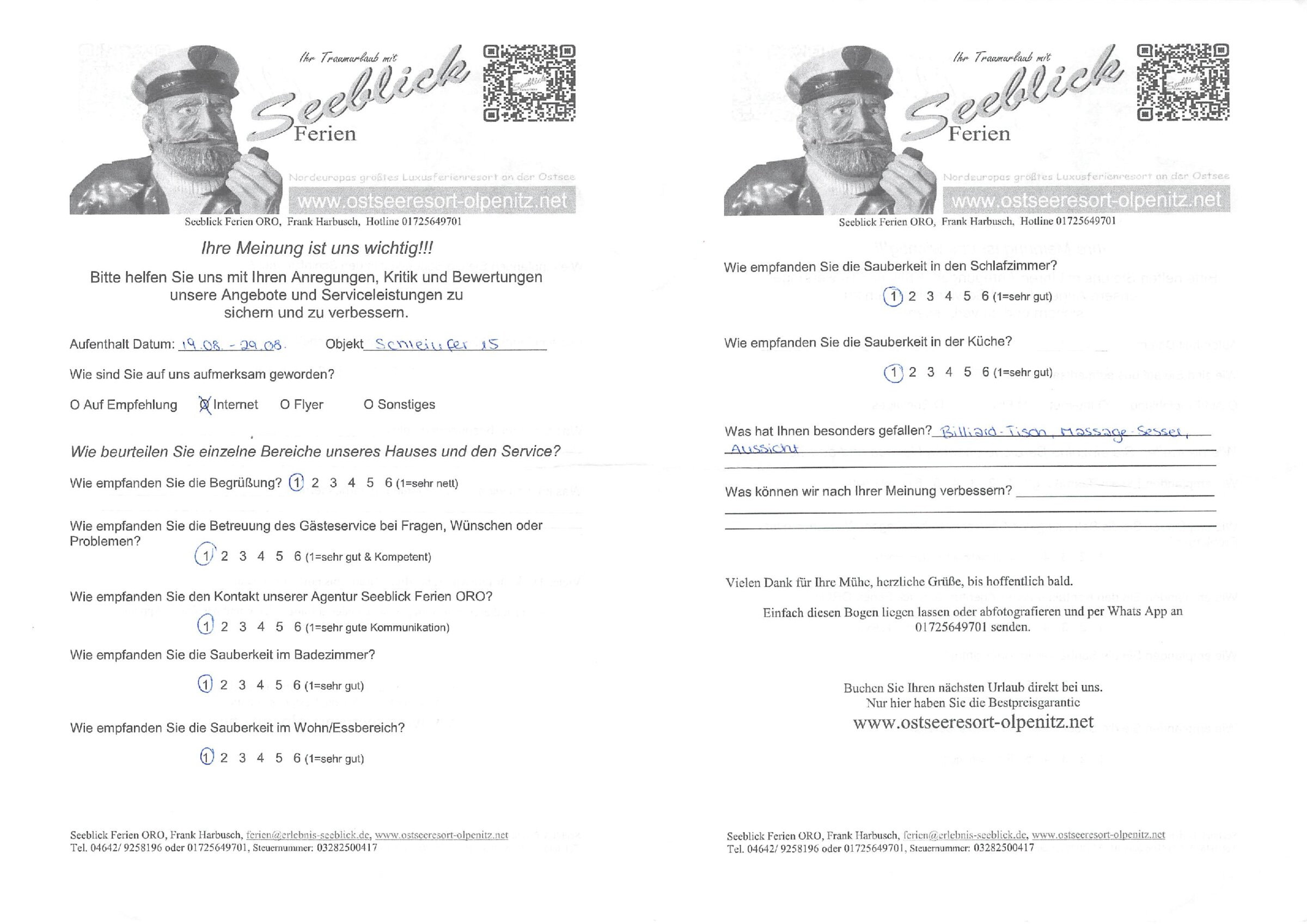 Gästefeedback vom 19.08.2023 - 29.08.2023